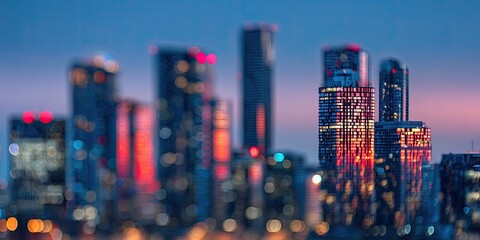 Nightscape of blurred skyscrapers with vibrant lights and sunset hues. City silhouette with soft focus