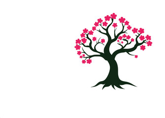 Stylized flowering tree illustration with pink blossoms, dark green trunk Vector