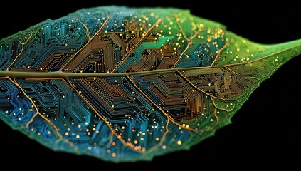 A stylized leaf overlaid with circuit board patterns, showing the intersection of nature and technology