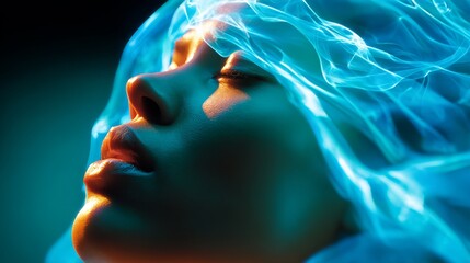 Close-up portrait of a woman's face ethereal smoke effect, with luminous blue and warm orange light creating a dramatic, artistic glow.