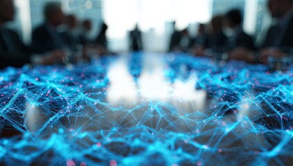 Futuristic boardroom scene featuring a luminous digital network overlaid on a glossy wooden table