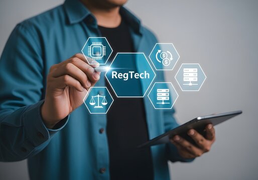 Person using digital pen to interact with regtech icons on screen with tablet in hand view close up