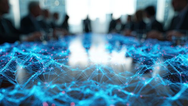 Futuristic boardroom scene featuring a luminous digital network overlaid on a glossy wooden table - Powered by Adobe