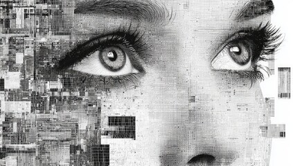 Conceptual black and white portrait blending human and digital elements, eye focus