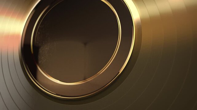 detailed closeup emphasizing metallic luster and complex patterns of vintage vinyl grooves