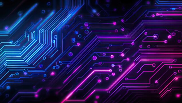 A glowing neon abstract of a circuit board, with purple, blue, and pink energy lines