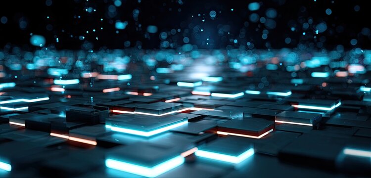 Abstract rendered landscape with glowing teal and orange squares, with bokeh and a dark background