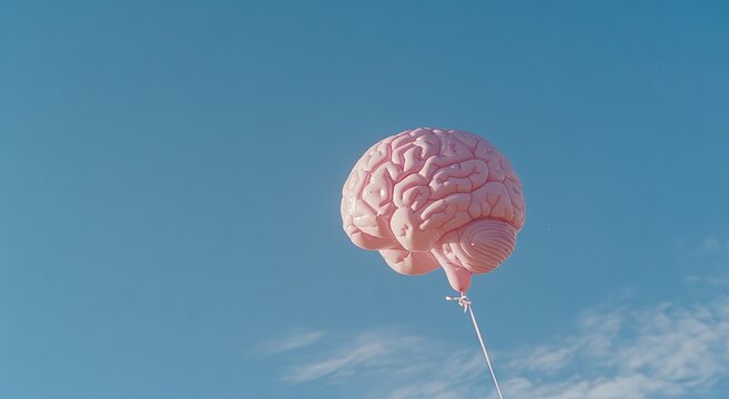Pink brain-shaped balloon floating against a bright, lightly clouded blue sky - Powered by Adobe