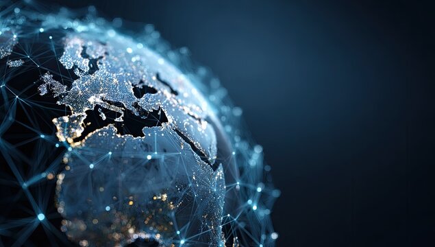 Close-up of glowing Earth globe with connecting lines, dark blue background