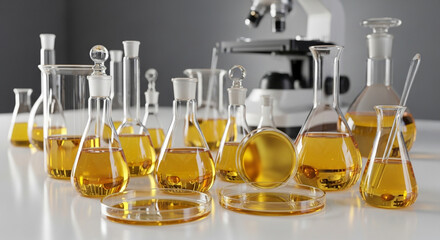 Close-up of laboratory glassware filled with yellow liquid, arranged on a white surface.