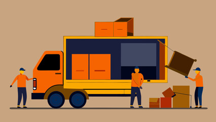 Fototapeta premium Junk removal service with workers removing old furniture from a moving truck