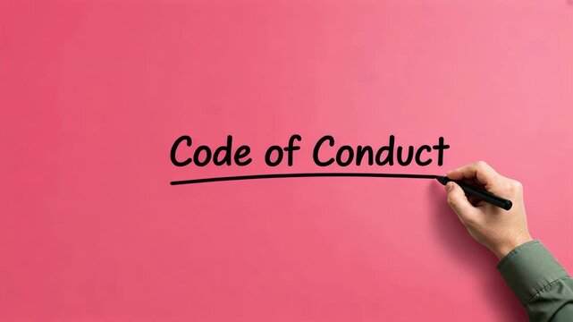 A hand underlining on a code of conduct text on pink background, employee code of conduct briefing, hospitality business legal compliance
