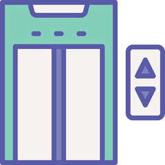 Modern Elevator Entrance with Teal and Purple Accents and Up Down Button Interface on a Clean Transparent Background for Building Transportation Concepts