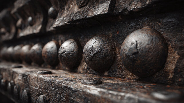 An aged wooden structure's close-up detailed view of metallic studs, showcasing texture and age
