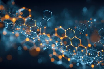 Abstract depiction of linked hexagonal structures with glowing orange nodes and blue lines