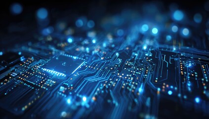 Close-up of a glowing circuit board with integrated chips, wires, and bokeh lights