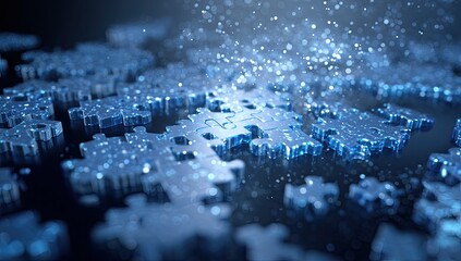 Sparkling, reflective jigsaw pieces scattered, with light emanating from one, suggestive of a solution