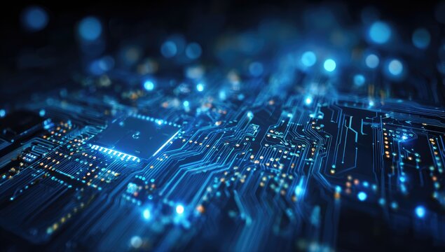 Close-up of a glowing circuit board with integrated chips, wires, and bokeh lights