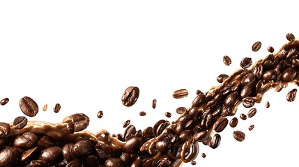 A stream of coffee beans and splashing coffee, isolated on white background a dynamic and aromatic display of coffee culture