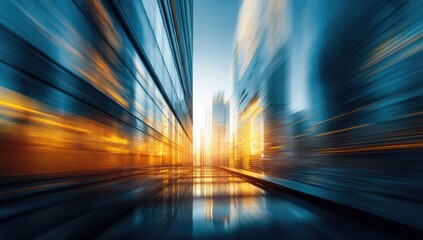 Dynamic cityscape with blurred lines, reflections, and warm light emanating from a distant source