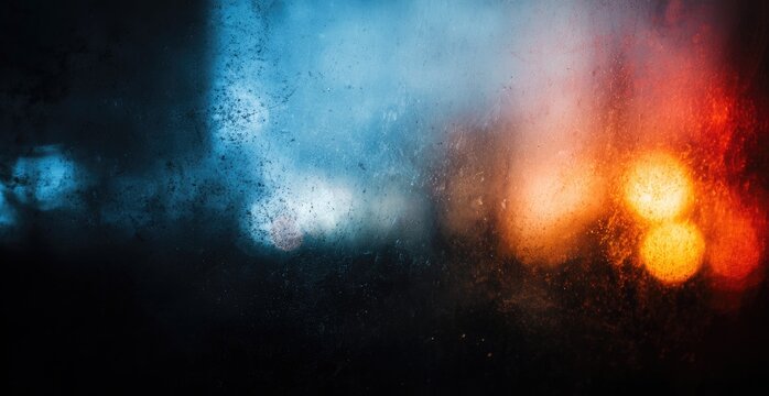 A blurred, abstract image with blue and orange light, creating a mysterious and atmospheric effect