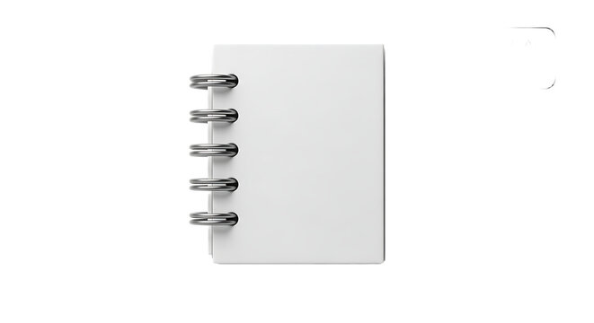 Close up view of a small white notebook with metal spiral binding on a black background showing detail 100