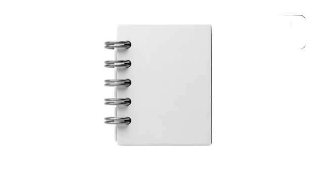 Close up view of a small white notebook with metal spiral binding on a black background showing detail 100