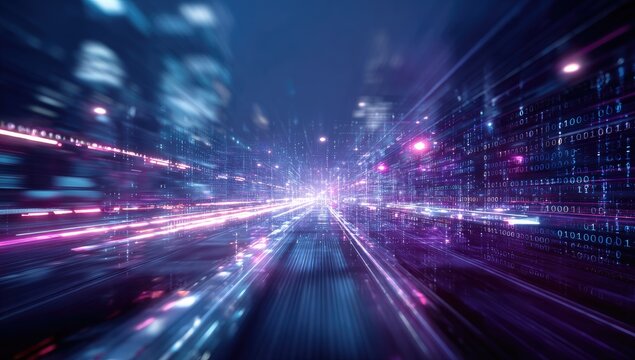 Abstract, futuristic digital city with glowing lines and data streams in blues and pinks