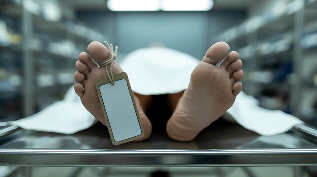 Feet of a deceased person with toe tag in a morgue drawer, covered by sheet