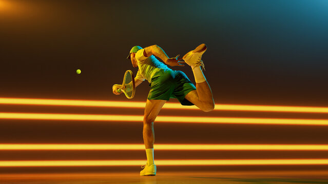 Male tennis player hitting forehand swing with power and determination at neon court. Concept of business leadership, career growth, decision-making visuals, and professional focus. Handmade collage