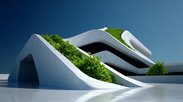 Futuristic, biophilic architecture featuring white, flowing organic shapes and integrated green plant slopes against a bright blue sky.
