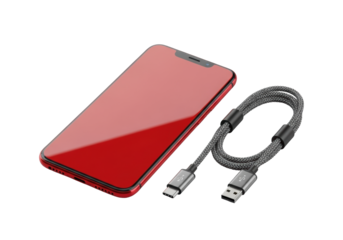 Sleek red smartphone with a black bezel and a dark gray braided USB-C charging cable, isolated on a seamless transparent studio background with soft lighting, concept of modern technology product