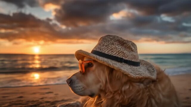 Golden retriever wearing a straw hat naps on a sunlit beach at sunset, watching the waves from afar!