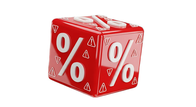 A red cube with white percentage signs and warning signs on a black background in a studio shot