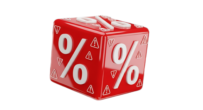 A red cube with white percentage signs and warning signs on a black background in a studio shot - Powered by Adobe