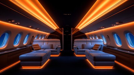 Fototapeta premium Luxurious private jet cabin interior at night, featuring plush seating, illuminated orange light strips, and blue-glowing windows.