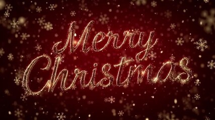 Rich red holiday scene with gold illuminated Merry Christmas typography, vertical snowfall of sparkling snowflakes, glowing particles, and enchanting Christmas opener animation - Powered by Adobe