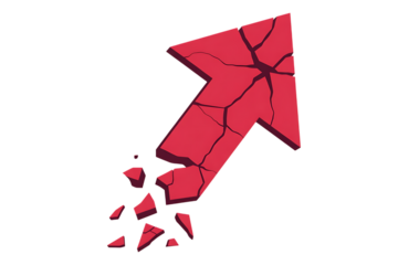 A bright red arrow pointing upwards and breaking apart into small pieces isolated on transparent background