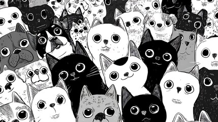 A whimsical and playful illustration featuring a multitude of cartoon cats with expressive eyes, creating a dense and engaging pattern, perfect for backgrounds and designs
