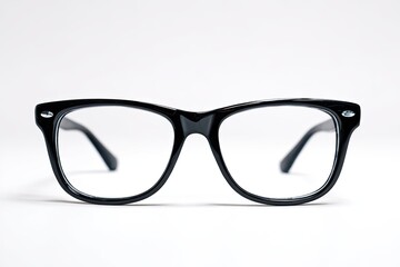 Close-up of black eyeglasses against a white background