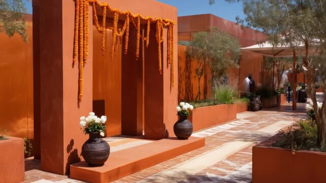A vibrant terracotta structure with decorative marigold garlands, pots of flowers, and outdoor space