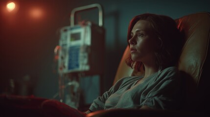 Pensive woman sitting in a hospital chair connected to a dialysis or medical machine in a dimly lit room. Healthcare and illness concept.