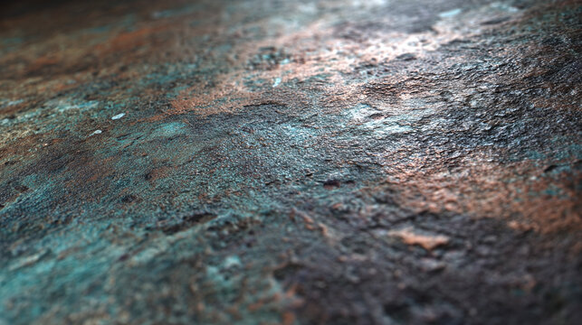 Close-up of a weathered, textured metal surface with a greenish-blue hue