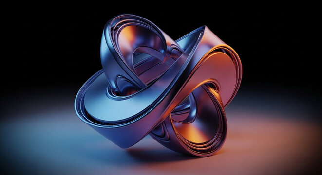 A mesmerizing abstract metallic sculpture with intertwined forms reflecting blue and orange light on a dark background.