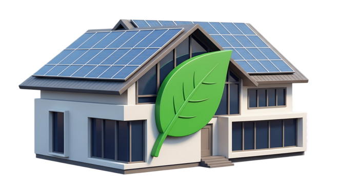 Modern house with solar panels and a large green leaf promoting eco friendly sustainable living