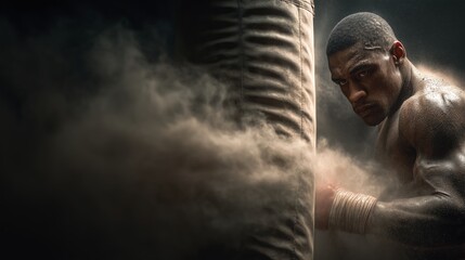 Powerful boxer strikes a heavy punching bag, creating an explosive dust cloud in a dramatic low-key setting, capturing raw force and focused intensity.