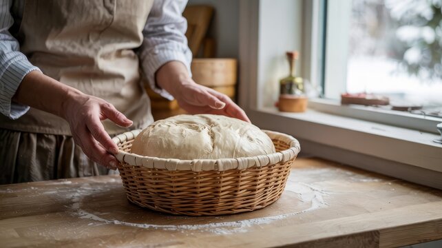 Rising bread dough moment in warm kitchen setting — natural textures and proofing stage ideal for editorial photography, slow food visuals, and homemade product identity.