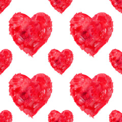 Hand-drawn illustration of red hearts, seamless pattern on a white background. Valentine's card.