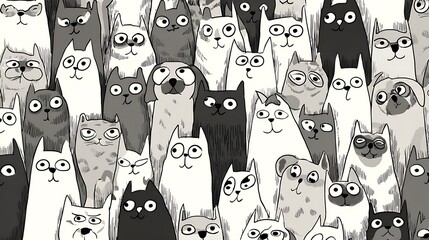 Seamless pattern with cute cats in black and white, a whimsical design featuring adorable feline faces, creating a playful and charming background for various creative projects