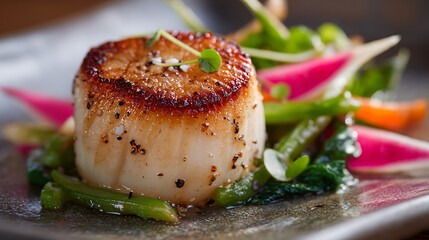 Gourmet seared scallop with fresh greens and radish.